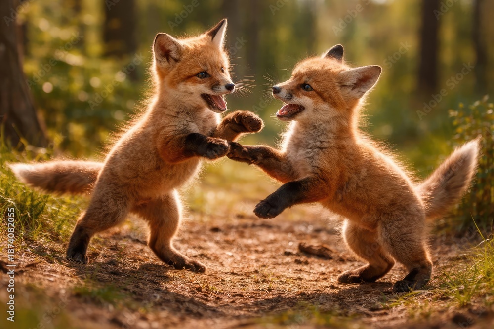 Fototapeta premium Vivacious juvenile foxes engaging in playful antics outdoors