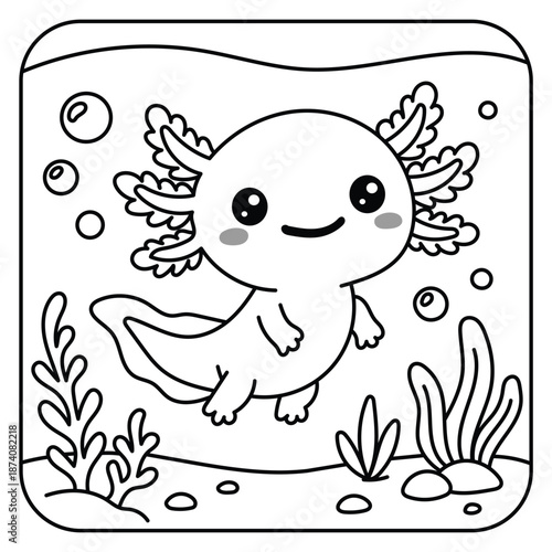 Cute Baby Axolotl Underwater Line Art Illustration for Coloring Book