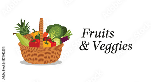 Colorful illustration of a wicker basket filled with a variety of fresh fruits and vegetables for a healthy lifestyle.