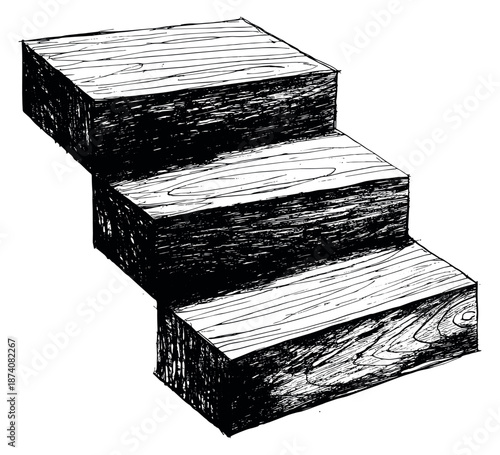 Hand drawn line art illustration of wooden steps depicting an upward progression for business concepts