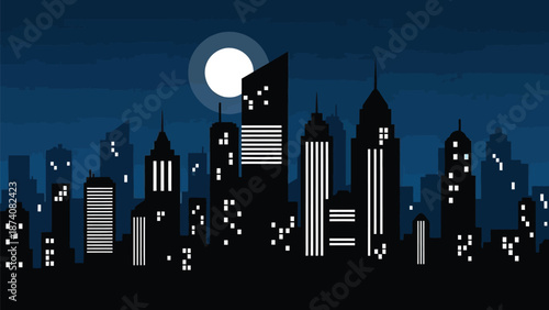 Striking silhouette of a modern cityscape against a deep indigo night sky featuring a large, glowing full moon above towering skyscrapers