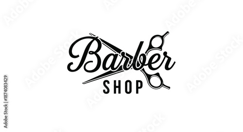 Classic black and white barber shop logo with elegant typography and a pair of crossed scissors vector illustration.