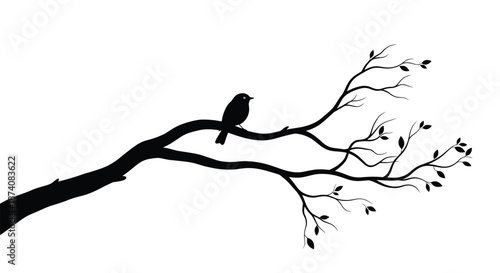 Minimalist black silhouette of a single bird perched on a beautifully curved tree branch with small leaves illustration.