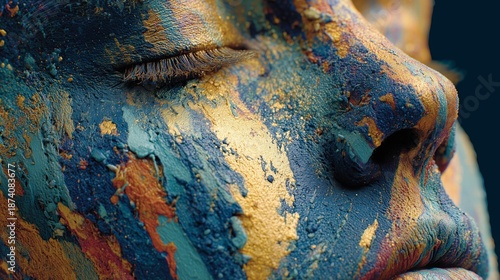 A serene and artistic close-up captures a person's face with eyes closed, beautifully adorned with shimmering blue and gold textured paint, creating a contemplative and sculptural abstract expression.