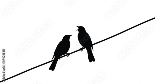 Minimalist silhouette of two birds perched on a diagonal wire one listening while the other sings with an open beak.