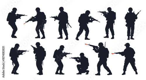 Set of black silhouettes of soldiers in various combat poses holding rifles isolated on a clean white background design.