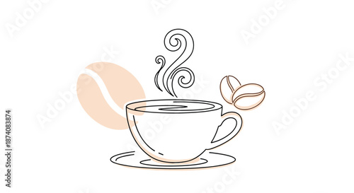 Minimalist line art illustration of a steaming coffee cup with coffee beans and a simple abstract background shape.