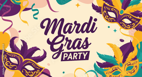 Vibrant and festive Mardi Gras Party celebration background with colorful masks feathers confetti and ribbons vector design.