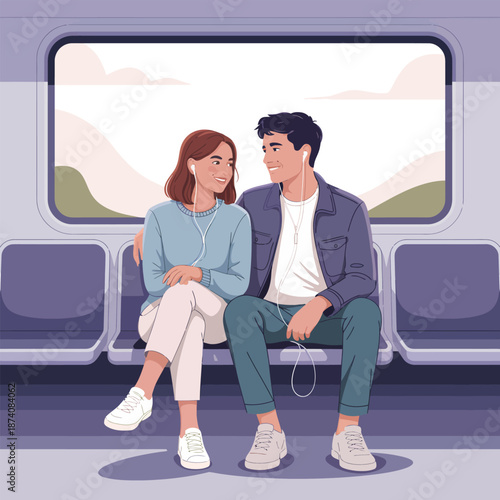 A loving young couple sharing a tender moment and music while traveling on a train