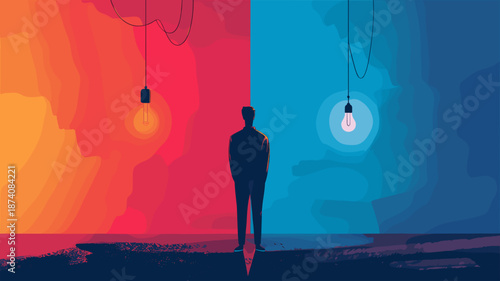 対照的な光の間に立つイラストキャラクター