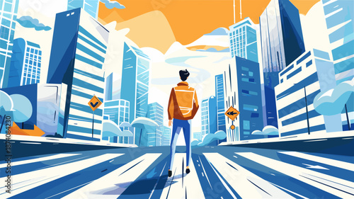 都市の交差点に立つ人物のイラスト