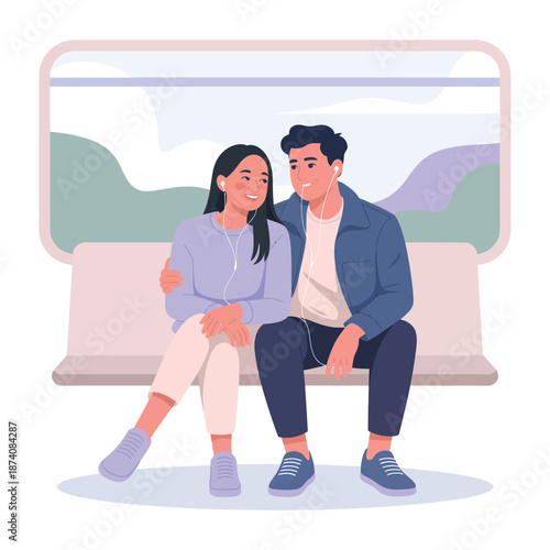 A happy couple sharing music and a tender moment on a comfortable journey