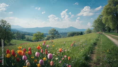 Springtime meadow scene in Zollikon, Zurich featuring vibrant greenery and wildflowers, ideal for environmental education or outdoor activities, Earth Day
