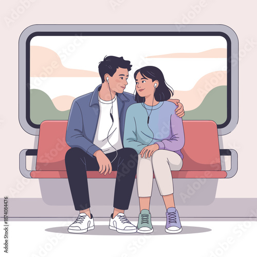 Young couple sharing music and a tender moment on a train journey