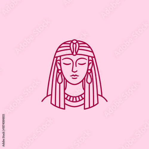 Minimal Egyptian queen portrait icon in elegant pink line art vector style