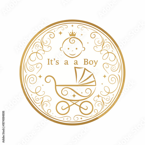 Golden It's a Boy baby announcement with elegant baby carriage and crowned baby face