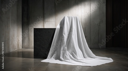 White Draped Display Cube on Dark Stone Platform