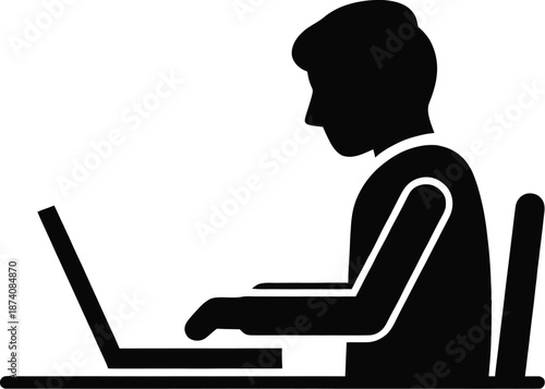 Simple black silhouette icon depicting a person sitting at a desk working diligently on an open laptop computer illustrating remote office work.