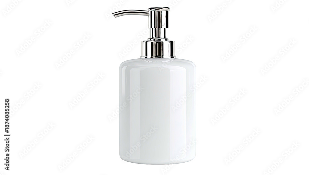 Obraz premium Glossy white ceramic dispenser with a chrome pump, positioned against a dark background