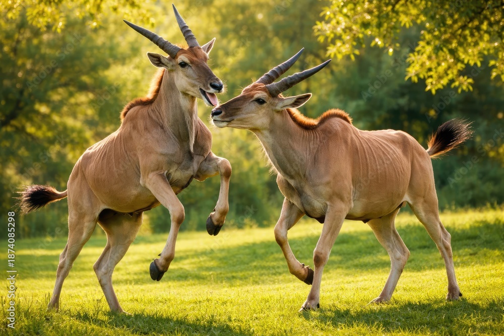 Fototapeta premium A lively eland antelope interacting playfully on a bright lawn under a warm summer sun
