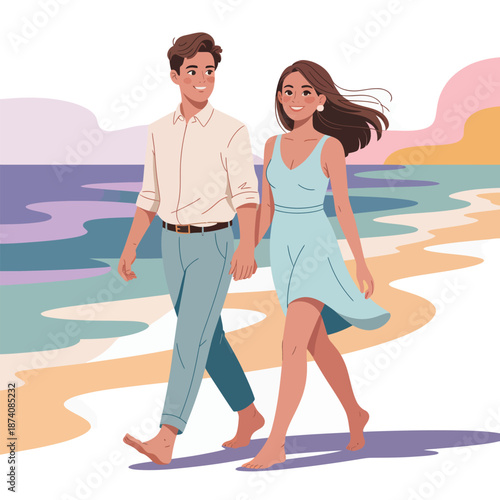 Happy couple enjoys a romantic barefoot stroll along the tranquil beach at sunset
