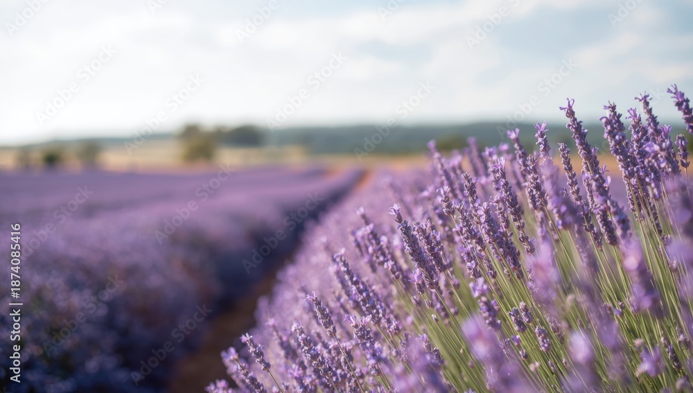 Obraz premium Budding lavender in soft focus with a blurred backdrop, ideal for nature-themed layouts