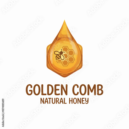 Golden honeycomb logo with bee and natural honey branding