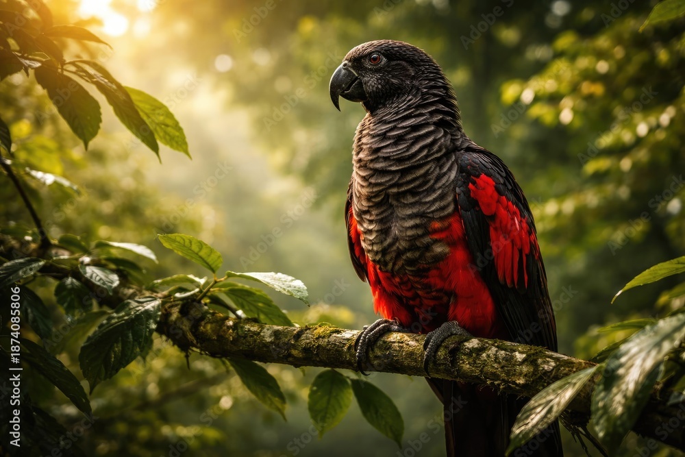 Obraz premium Natural summer day with Pesquet parrot perched on green leafy branch