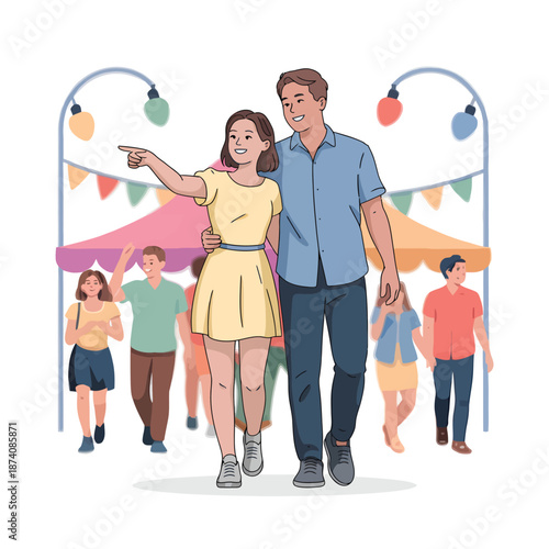 A happy couple explores a vibrant outdoor fair, pointing out interesting sights amidst the joyful crowd