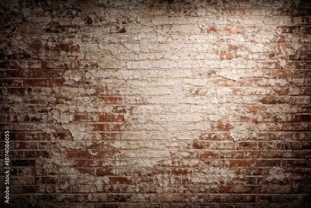 Obraz premium brick wall with weathered surface and irregular peeling paint under studio light texture background with copy space