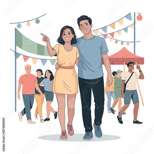 Happy couple enjoying a lively outdoor festival, pointing at an exciting attraction