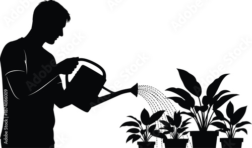 Silhouette of a person carefully watering several potted house plants with a small watering can in a simple monochromatic garden illustration