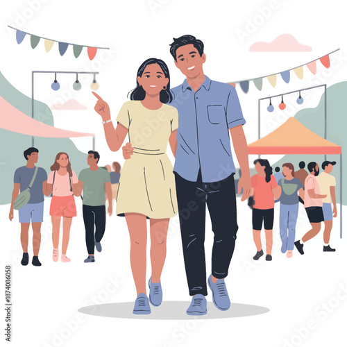 A happy couple enjoys a lively outdoor market event, exploring and pointing at attractions