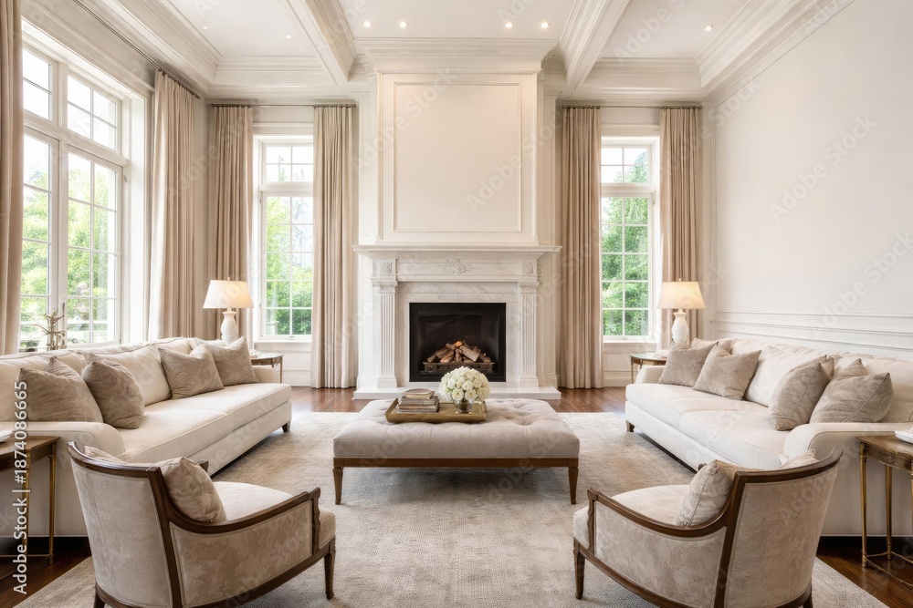 Naklejka premium Refined living room with hardwood floors plush couches tall fireplace surround and armchairs in a luxury home with copyspace for text