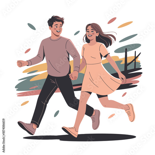 Joyful couple holding hands and running together happily in an outdoor setting