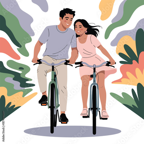 A loving couple enjoys a delightful bicycle ride together, sharing smiles and a romantic moment outdoors