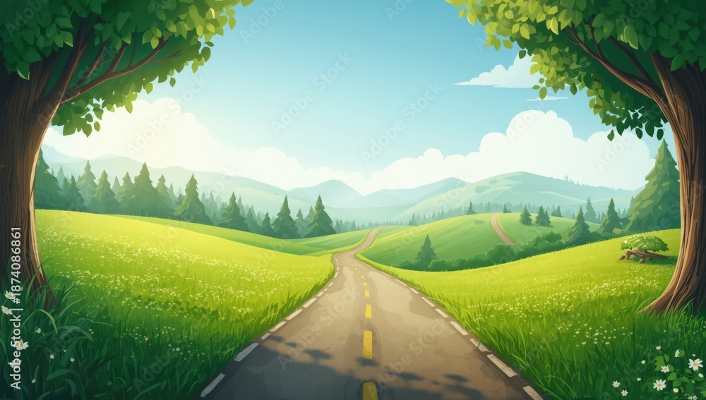 Fototapeta premium Colorful cartoon landscape featuring a quaint road and rolling hills with vibrant green turf, ideal for children's story backgrounds