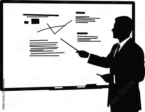 Silhouette of a professional businessman pointing with a stick at abstract data and charts displayed on a large presentation whiteboard during a meeting