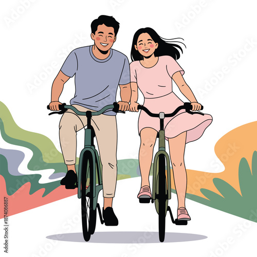 A happy couple enjoys a delightful bike ride together on a bright day