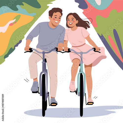 A happy couple enjoys a cheerful bicycle ride together, sharing smiles and moments