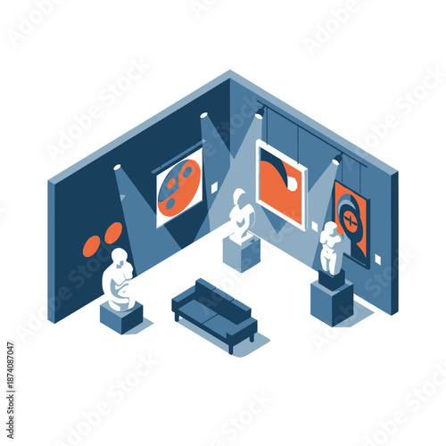 Isometric Art Gallery Exhibition with Sculptures and Paintings.