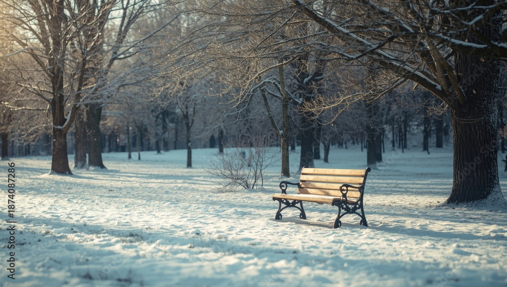 Naklejka premium Snow-covered wooden bench in a park, outdoor seating in winter, seasonal landscape, cold weather
