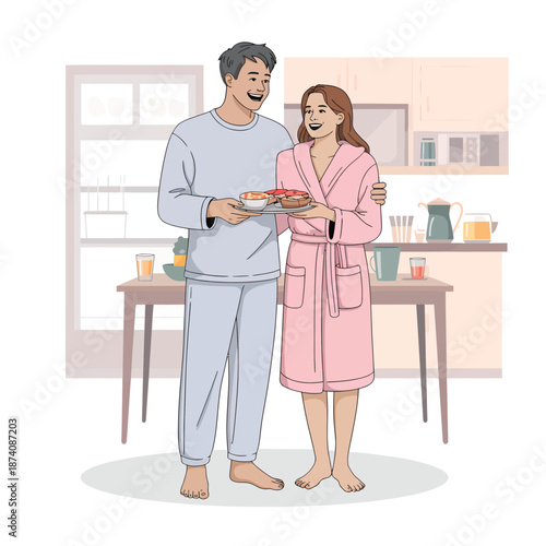 Happy couple enjoying a sweet morning breakfast together in their cozy kitchen