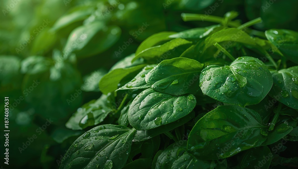 Fototapeta premium Close-up of raw baby spinach leaves with water droplets, suitable for health and nutrition layout