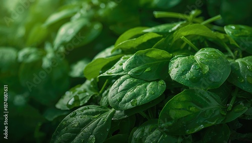 Close-up of raw baby spinach leaves with water droplets, suitable for health and nutrition layout © The 2R Artificiality