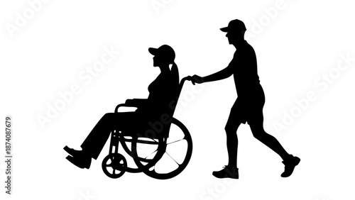 Woman Pushing Elderly Man in Wheelchair Silhouette Vector Illustration
