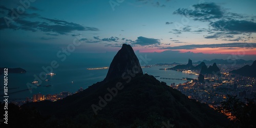Nighttime cityscape with Corcovado and Sugarloaf Mountain in view, skyline and mountain outline, urban environment