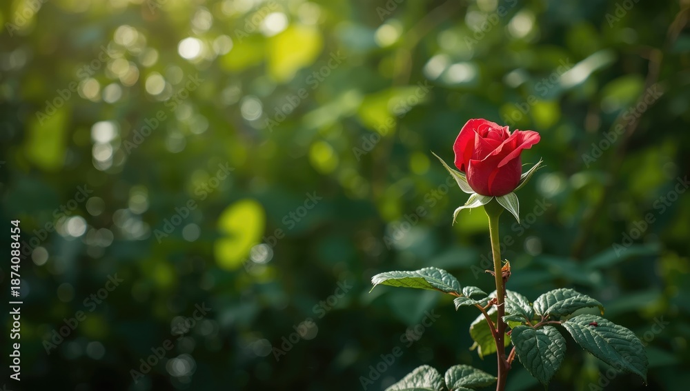 Obraz premium Close-up of a red rose bud on a bush, highlighting natural flowering stages