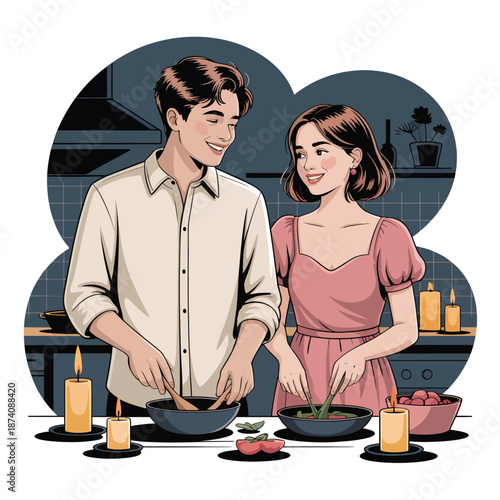 Happy couple sharing a romantic evening preparing a delightful meal together
