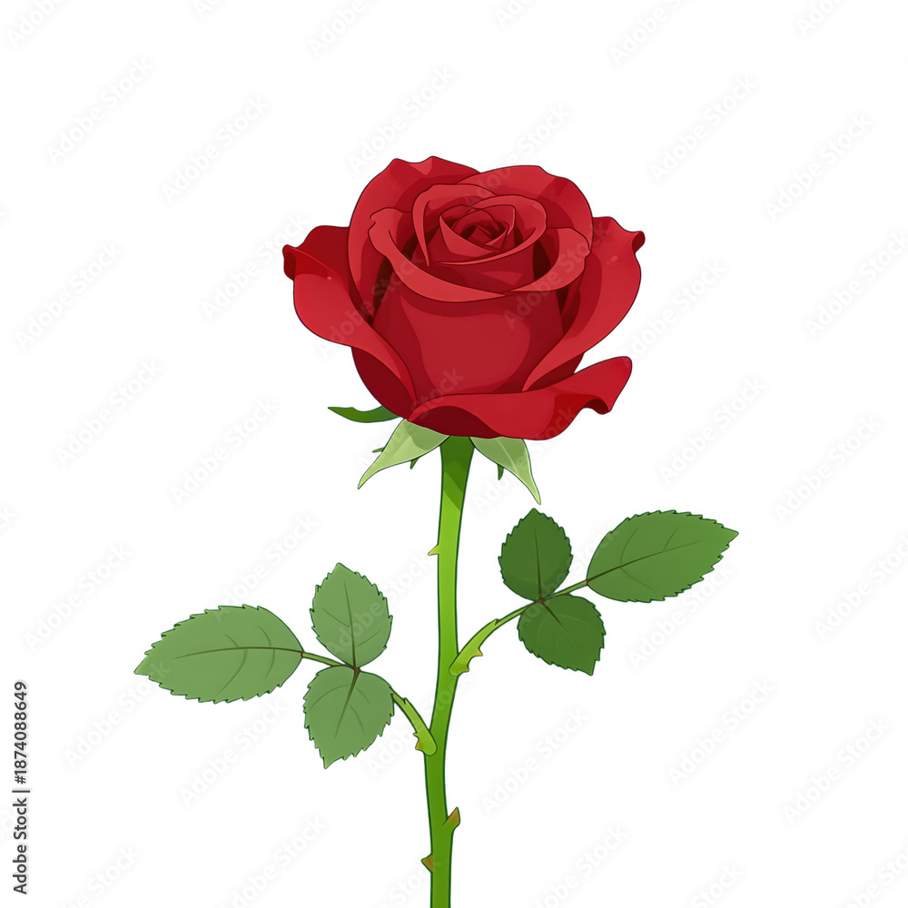 Fototapeta premium Red rose with green leaves and stem